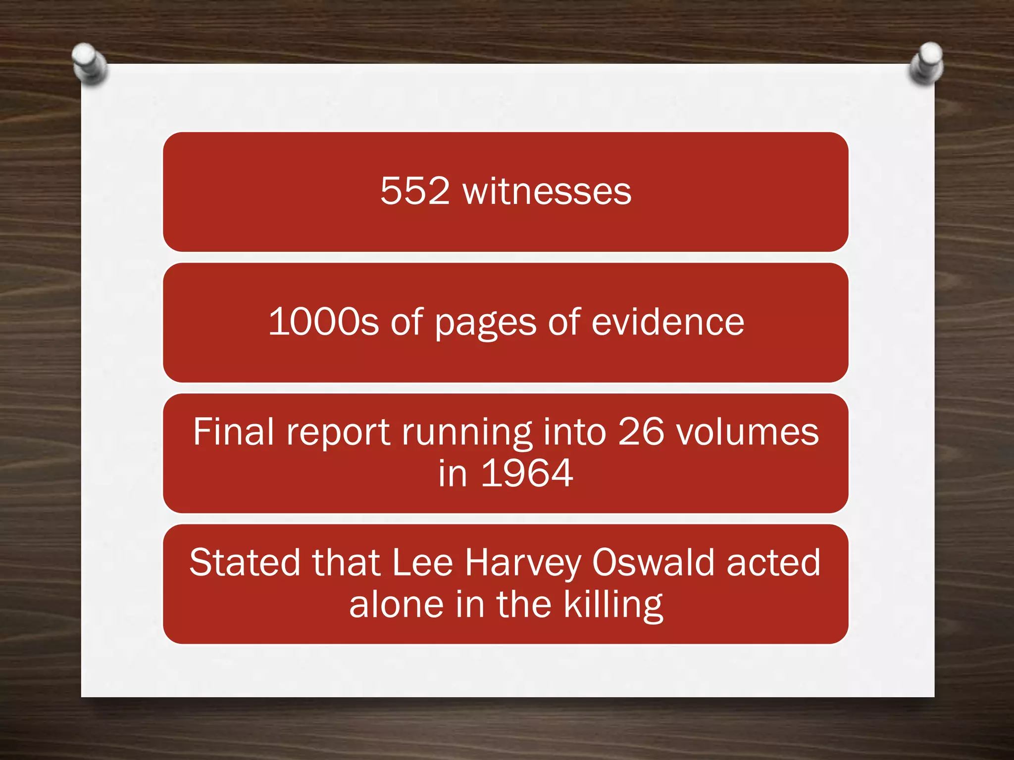 552 witnesses
1000s of pages of evidence
Final report running into 26 volumes
in 1964
Stated that Lee Harvey Oswald acted
alone in the killing

 