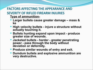 Hunting Rifle Injuries FIREARM INJURIES ppt for mbbs practical and viva | PPT