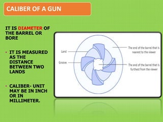 IT IS DIAMETER OF
THE BARREL OR
BORE
• IT IS MEASURED
AS THE
DISTANCE
BETWEEN TWO
LANDS
• CALIBER- UNIT
MAY BE IN INCH
OR IN
MILLIMETER.
CALIBER OF A GUN
 