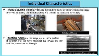 Manufacturing Irregularities are the random marks or imperfections produced
incidentally during the manufacturing of a firearm by tools and machinery.
 Striation marks are the irregularities in the surface
of the interior of the barrel produced due to wear and tear
with use, corrosion, or damage.
Individual Characteristics
Manufacturing of a firearm Rifle Barrel Making
Striation marks produced with wear and tear
 