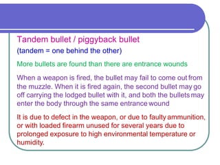 Tandem bullet / piggyback bullet
(tandem = one behind the other)
More bullets are found than there are entrance wounds
When a weapon is fired, the bullet may fail to come out from
the muzzle. When it is fired again, the second bullet may go
off carrying the lodged bullet with it, and both the bulletsmay
enter the body through the same entrance wound
It is due to defect in the weapon, or due to faulty ammunition,
or with loaded firearm unused for several years due to
prolonged exposure to high environmental temperature or
humidity.
 