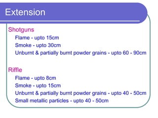 Extension
Shotguns
Flame - upto 15cm
Smoke - upto 30cm
Unburnt & partially burnt powder grains - upto 60 - 90cm
Riffle
Flame - upto 8cm
Smoke - upto 15cm
Unburnt & partially burnt powder grains - upto 40 - 50cm
Small metallic particles - upto 40 - 50cm
 