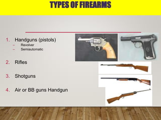TYPES OF FIREARMS
1. Handguns (pistols)
– Revolver
– Semiautomatic
2. Rifles
3. Shotguns
4. Air or BB guns Handgun
 