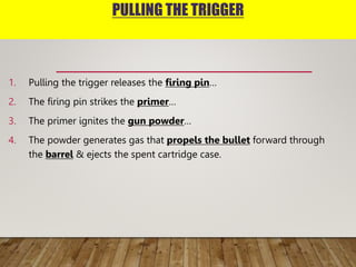 PULLING THE TRIGGER
1. Pulling the trigger releases the firing pin…
2. The firing pin strikes the primer…
3. The primer ig...