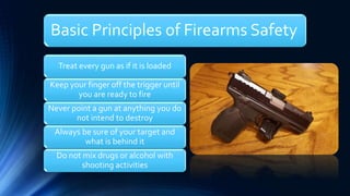 Basic Principles of Firearms Safety
Treat every gun as if it is loaded
Keep your finger off the trigger until
you are ready to fire
Never point a gun at anything you do
not intend to destroy
Always be sure of your target and
what is behind it
Do not mix drugs or alcohol with
shooting activities
 