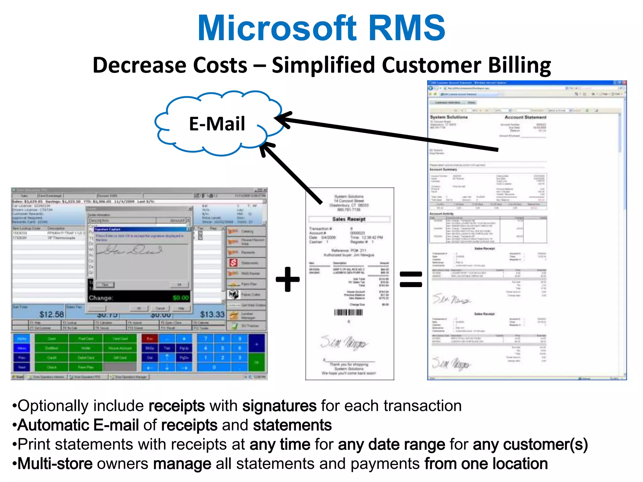 Microsoft RMS 
Decrease Costs – Simplified Customer Billing 
+ = 
E-Mail 
•Optionally include receipts with signatures for each transaction 
•Automatic E-mail of receipts and statements 
•Print statements with receipts at any time for any date range for any customer(s) 
•Multi-store owners manage all statements and payments from one location 
