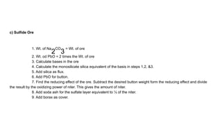 c) Sulfide Ore
1. Wt. of Na
2
CO
3
= Wt. of ore
2. Wt. od PbO = 2 times the Wt. of ore
3. Calculate bases in the ore
4. Calculate the monosilicate silica equivalent of the basis in steps 1,2, &3.
5. Add silica as flux.
6. Add PbO for button.
7. Find the reducing effect of the ore. Subtract the desired button weight form the reducing effect and divide
the result by the oxidizing power of niter. This gives the amount of niter.
8. Add soda ash for the sulfate layer equivalent to ¼ of the niter.
9. Add borax as cover.
 