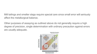Mill tailings and smelter slags require special care since small error will seriously
affect the metallurgical balance.
Other purposes of assaying as outlined above do not generally require a high
degree of precision, single determination with ordinary precaution against errors
are usually adequate.
 
