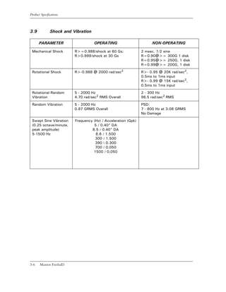 Product Specifications



3.9            Shock and Vibration

       PARAMETER                     OPERATING                       NON-OPERATING

 Mechanical Shock         R>=0.988/shock at 60 Gs;              2 msec, 1/2 sine
                          R>0.999/shock at 30 Gs                R=0.90@>= 300G 1 disk
                                                                R=0.95@>= 250G, 1 disk
                                                                R=0.99@>= 200G, 1 disk

 Rotational Shock         R>-0.988 @ 2000 rad/sec2              R>- 0.95 @ 20K rad/sec2,
                                                                0.5ms to 1ms input
                                                                R>- 0.99 @ 15K rad/sec2,
                                                                0.5ms to 1ms input

 Rotational Random        5 - 2000 Hz                           2 - 300 Hz
 Vibration                4.70 rad/sec2 RMS Overall             96.5 rad/sec2 RMS

 Random Vibration         5 - 2000 Hz                           PSD:
                          0.87 GRMS Overall                     7 - 800 Hz at 3.08 GRMS
                                                                No Damage

 Swept Sine Vibration     Frequency (Hz) / Acceleration (Gpk)
 (0.25 octave/minute,               5 / 0.40” DA
 peak amplitude)                   8.5 / 0.40” DA
 5-1500 Hz                           8.6 / 1.500
                                     300 / 1.500
                                     390  0.300
                                     700 / 0.050
                                    1500 / 0.050




3-6    Maxtor Fireball3
 