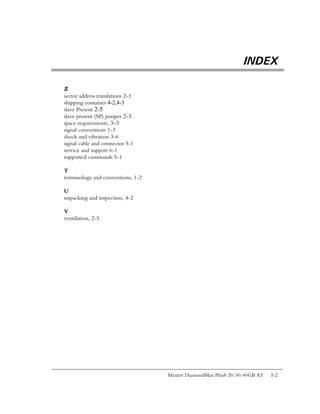 INDEX

S
sector address translations 2-3
shipping container 4-2,4-3
slave Present 2-5
slave present (SP) jumper 2-5
space requirements, 3-3
signal conventions 1-3
shock and vibration 3-6
signal cable and connector 5-1
service and support 6-1
supported commands 5-1

T
terminology and conventions, 1-2

U
unpacking and inspection, 4-2

V
ventilation, 2-5




                                   Maxtor DiamondMax Plus8 20/30/40GB AT   I-2
 