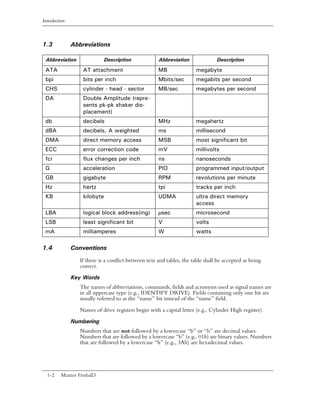 Introduction



1.3            Abbreviations

 Abbreviation                  Description            Abbreviation               Description
 ATA                AT attachment                     MB               megabyte
 bpi                bits per inch                     Mbits/sec        megabits per second
 CHS                cylinder - head - sector          MB/sec           megabytes per second
 DA                 Double Amplitude (repre-
                    sents pk-pk shaker dis-
                    placement)
 db                 decibels                          MHz              megahertz
 dBA                decibels, A weighted              ms               millisecond
 DMA                direct memory access              MSB              most significant bit
 ECC                error correction code             mV               millivolts
 fci                flux changes per inch             ns               nanoseconds
 G                  acceleration                      PIO              programmed input/output
 GB                 gigabyte                          RPM              revolutions per minute
 Hz                 hertz                             tpi              tracks per inch
 KB                 kilobyte                          UDMA             ultra direct memory
                                                                       access
 LBA                logical block address(ing)        µsec             microsecond
 LSB                least significant bit             V                volts
 mA                 milliamperes                      W                watts

1.4            Conventions
                  If there is a conflict between text and tables, the table shall be accepted as being
                  correct.

               Key Words
                  The names of abbreviations, commands, fields and acronyms used as signal names are
                  in all uppercase type (e.g., IDENTIFY DRIVE). Fields containing only one bit are
                  usually referred to as the “name” bit instead of the “name” field.

                  Names of drive registers begin with a capital letter (e.g., Cylinder High register).

               Numbering
                  Numbers that are not followed by a lowercase “b” or “h” are decimal values.
                  Numbers that are followed by a lowercase “b” (e.g., 01b) are binary values. Numbers
                  that are followed by a lowercase “h” (e.g., 3Ah) are hexadecimal values.




  1-2     Maxtor Fireball3
 
