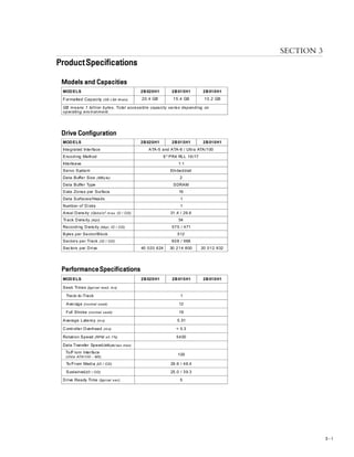PRODUCT SPECIFICATIONS
3 – 1
SECTION 3
ProductSpecificationsProductSpecificationsProductSpecificationsProductSpecificationsProductSpecifications
Models and CapacitiesModels and CapacitiesModels and CapacitiesModels and CapacitiesModels and Capacities
PerformanceSpecificationsPerformanceSpecificationsPerformanceSpecificationsPerformanceSpecificationsPerformanceSpecifications
MODELS 2B020H1 2B015H1 2B010H1
Integrated Interface ATA-5 and ATA-6 / Ultra ATA/100
Encoding Method E2
PR4 RLL 16/17
Interleave 1:1
Servo System Embedded
Data Buffer Size (MByte) 2
Data Buffer Type SDRAM
Data Zones per Surface 16
Data Surfaces/Heads 1
Number of Disks 1
Areal Dens ity (Gbits/in2
m ax, ID / OD) 31.4 / 26.6
Track Dens ity (ktpi) 54
Recording Dens ity (kbpi, ID / OD) 575 / 471
Bytes per Sector/Block 512
Sectors per Track (ID / OD) 608 / 968
Sectors per Drive 40 020 624 30 214 800 20 012 832
MODELS 2B020H1 2B015H1 2B010H1
Seek Times (typi cal read, m s)
Track-to-Track 1
Average (normal seek) 12
Full Stroke (normal seek) 19
Average Latency (m s) 5.51
Controller Overhead (m s) < 0.3
Rotation Speed (RPM ±0.1%) 5400
Data Transfer Speed(MByte/sec max)
To/From Interface
(Ul tra ATA/100 - M5)
100
To/From Media (ID / OD) 29.6 / 46.4
Sustained(ID / OD) 25.0 / 39.3
Drive Ready Time (typi cal sec) 5
Drive ConfigurationDrive ConfigurationDrive ConfigurationDrive ConfigurationDrive Configuration
MODELS 2B020H1 2B015H1 2B010H1
Formatted Capacity (GB LBA Mod e) 20.4 GB 15.4 GB 10.2 GB
GB means 1 billion bytes. Total accessible capacity varies depending on
operating env ironment.
 