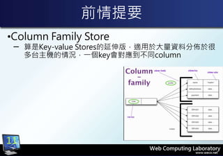前情提要
11
•Column Family Store
─ 算是Key-value Stores的延伸版，適用於大量資料分佈於很
多台主機的情況，一個key會對應到不同column
 