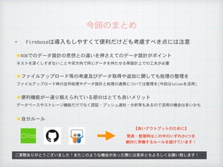 ✦ Firebaseは導入もしやすくて便利だけども考慮すべき点には注意
今回のまとめ
ご清聴ありがとうございました！またこのような機会があった際には是非ともよろしくお願い致します！
★RDBでのデータ設計の思想との違いを押さえてのデータ設計がポイント
ネストを深くしすぎないことや双方向で同じデータを持たせる等設計上での工夫が必要
★ファイルアップロード等の考慮及びデータ取得や追加に関しても処理の整理を
ファイルアップロード時の並列処理やデータ設計と処理の連携については整理を(今回はSaladaを活用)
★便利機能が一通り揃えられている部分はとても良いメリット
データベースやストレージ機能だけでなく認証・プッシュ通知・分析等もあるので活用の機会は多いかも
★自分ルール
【良いアウトプットのために】
発表・登壇時はこの中のいずれか2つを

絶対に準備するルールを設けています！
 