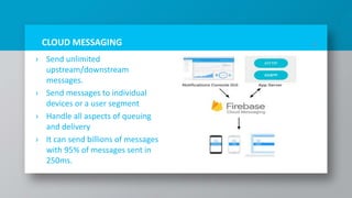 CLOUD MESSAGING
› Send unlimited
upstream/downstream
messages.
› Send messages to individual
devices or a user segment
› Handle all aspects of queuing
and delivery
› It can send billions of messages
with 95% of messages sent in
250ms.
12
 