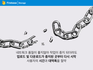 Firebase
네트워크 품질이 좋지않아 작업이 중지 되더라도
업로드 및 다운로드가 중지된 곳부터 다시 시작
사용자의 시간과 대역폭을 절약
Storage
 