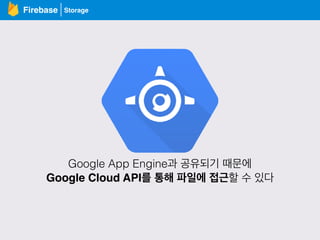StorageFirebase
Google App Engine과 공유되기 때문에
Google Cloud API를 통해 파일에 접근할 수 있다
 