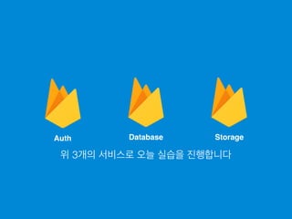 위 3개의 서비스로 오늘 실습을 진행합니다
Database StorageAuth
 