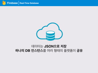 Real-Time DatabaseFirebase
데이터는 JSON으로 저장
하나의 DB 인스턴스를 여러 형태의 플랫폼이 공유
 