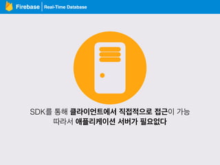 Real-Time DatabaseFirebase
SDK를 통해 클라이언트에서 직접적으로 접근이 가능
따라서 애플리케이션 서버가 필요없다
 