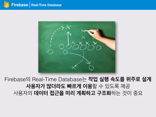 Real-Time DatabaseFirebase
Firebase의 Real-Time Database는 작업 실행 속도를 위주로 설계
사용자가 많더라도 빠르게 이용할 수 있도록 제공
사용자의 데이터 접근을 미리 계획하고 구조화하는 것이 중요
 