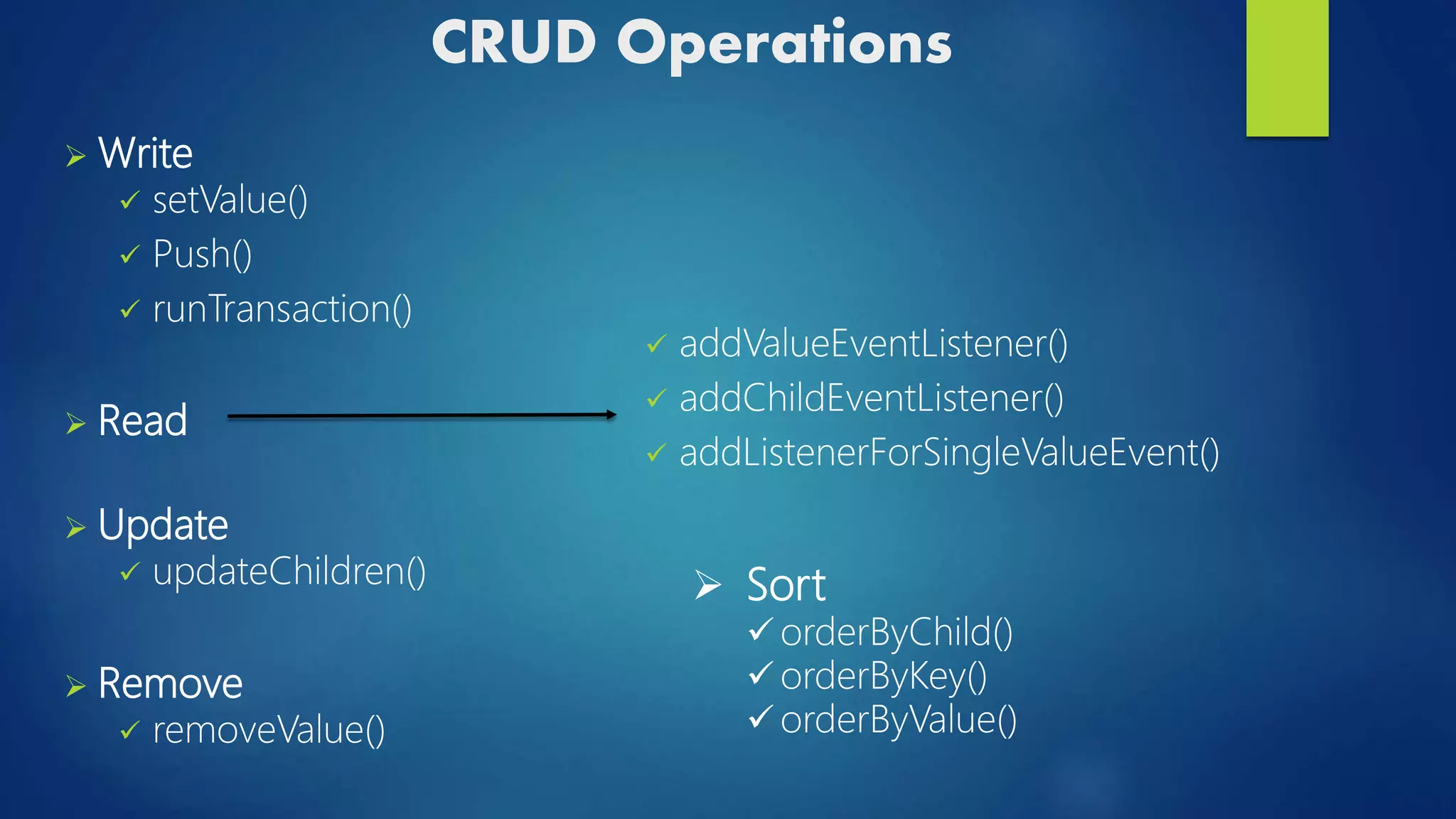 CRUD Operations
 Write
 setValue()
 Push()
 runTransaction()
 Read
 Update
 updateChildren()
 Remove
 removeValue()
 addValueEventListener()
 addChildEventListener()
 addListenerForSingleValueEvent()
 Sort
 orderByChild()
 orderByKey()
 orderByValue()
 