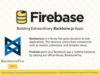 ReactJS is a framework for building large, complex user
interfaces.
Firebase complements it perfectly by providing an
easy-to-use, realtime data source for populating the
state of React components.
https://ﬁrebase.com/docs/web/libraries/react/ Real time ReactJS apps with Firebase
Building Extraordinary ReactJS Apps
ReactFire
v0.5.0 Learn more https://youtu.be/0faoWmJsq1k
 