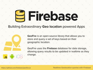 Backbone.js is a library that gives structure to web
applications. This structure comes from components
such as models, collections, and template views.
Firebase gives your Backbone app a realtime backend,
by utilizing our oﬃcial library, BackboneFire.
https://ﬁrebase.com/docs/web/libraries/backbone/quickstart.html Real time Backbone.js apps with Firebase
Building Extraordinary Backbone.js Apps
BackboneFire
v0.5.1
 
