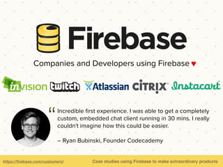 https://ﬁrebase.com/docs/android/ Real time Android apps with Firebase
Building Extraordinary Android Apps
v2.3.1
Android Quick Start https://youtu.be/cab-p7pJBDw
 