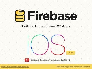 https://www.ﬁrebase.com/docs/ios/ Real time apps and more with Firebase
Building Extraordinary iOS Apps
v2.3.3
iOS Quick Start https://youtu.be/umZLJThityQ
 