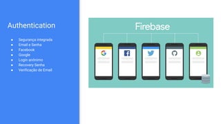 Authentication
● Segurança integrada
● Email e Senha
● Facebook
● Google
● Login anônimo
● Recovery Senha
● Verificação de Email
 