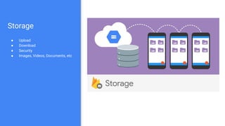 Storage
● Upload
● Download
● Security
● Images, Videos, Documents, etc
 