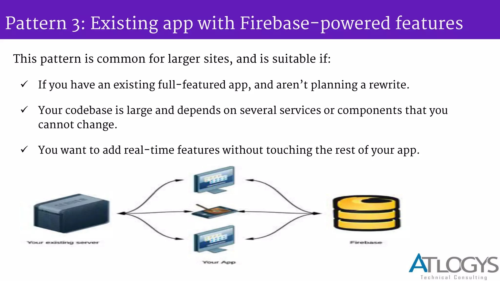 Pattern 3: Existing app with Firebase-powered features
This pattern is common for larger sites, and is suitable if:
 If you have an existing full-featured app, and aren t planning a rewrite.
 Your codebase is large and depends on several services or components that you
cannot change.
 You want to add real-time features without touching the rest of your app.
 