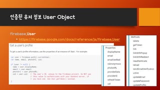 인증된 유저 정보 User Object
firebase.User
• https://firebase.google.com/docs/reference/js/firebase.User
 