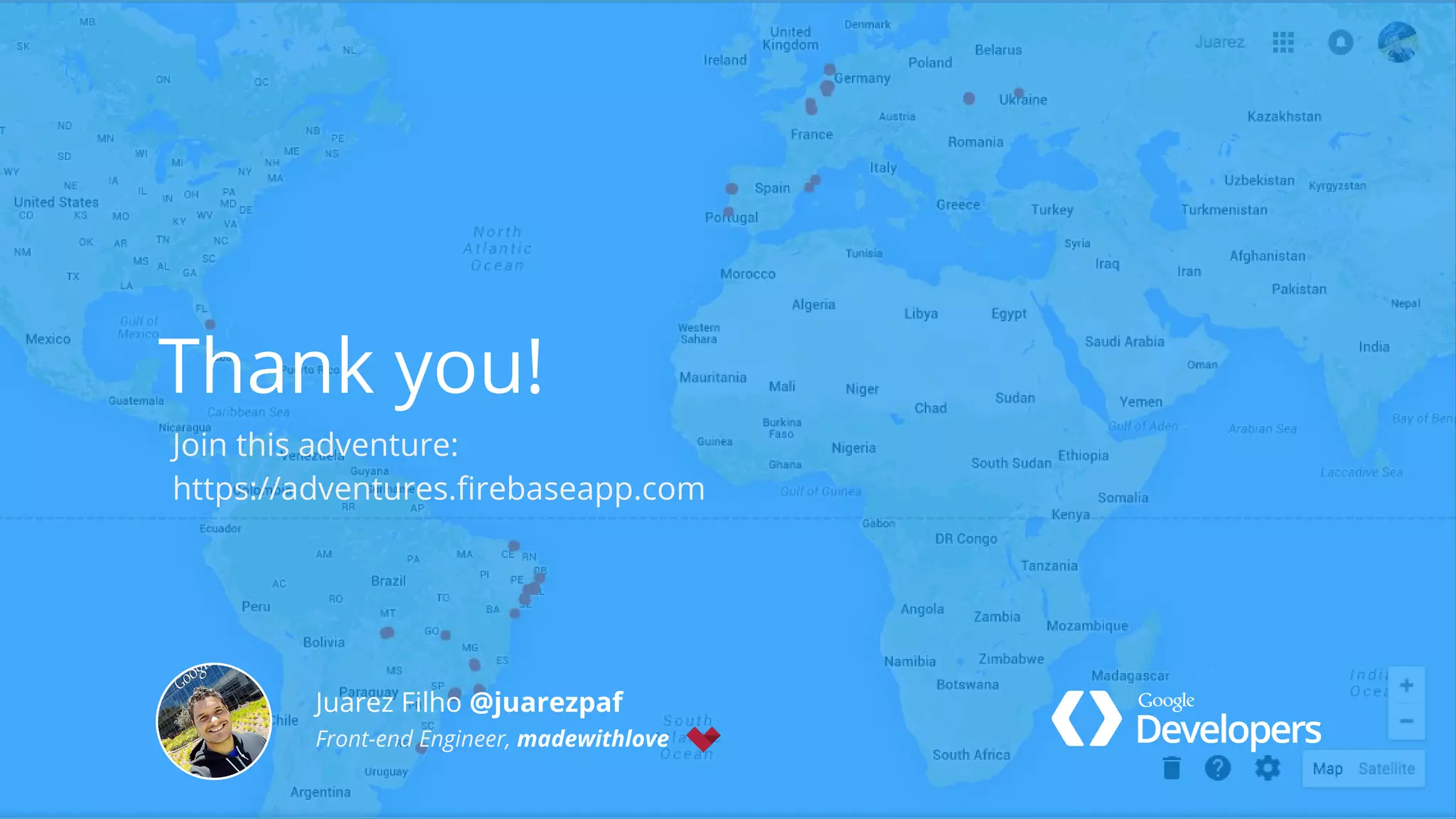 Thank you!
Juarez Filho @juarezpaf
Front-end Engineer, madewithlove
Thank you!
Join this adventure:
https://adventures.firebaseapp.com
 