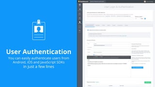 User Authentication
You can easily authenticate users from
Android, iOS and JavaScript SDKs
in just a few lines
 