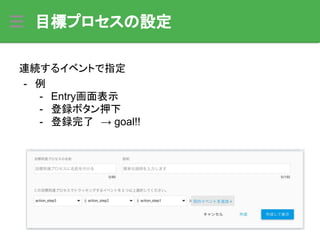 目標プロセスの設定
連続するイベントで指定
- 例
- Entry画面表示
- 登録ボタン押下
- 登録完了　→ goal!!
 