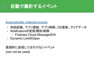 自動で集計するイベント
Automatically collected events
- 初回起動、アプリ更新、アプリ削除、OS更新、クリアデータ
- Notificationの受信/開封/削除
- Firebase Cloud Messageのみ
- Dynamic LinkのOpen
意図的に送信しては行けないイベント
(can not be used)
 