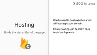 Hosting
Holds the static files of the page
Can be used to host websites under
a firebaseapp.com domain.
Has versioning, can be rolled back
to old deployments
 