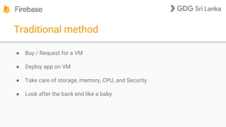 Traditional method
● Buy / Request for a VM
● Deploy app on VM
● Take care of storage, memory, CPU, and Security
● Look after the back end like a baby
 
