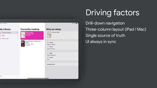Drill-down navigation
Three-column layout (iPad / Mac)
Single source of truth
Driving factors
UI always in sync
 