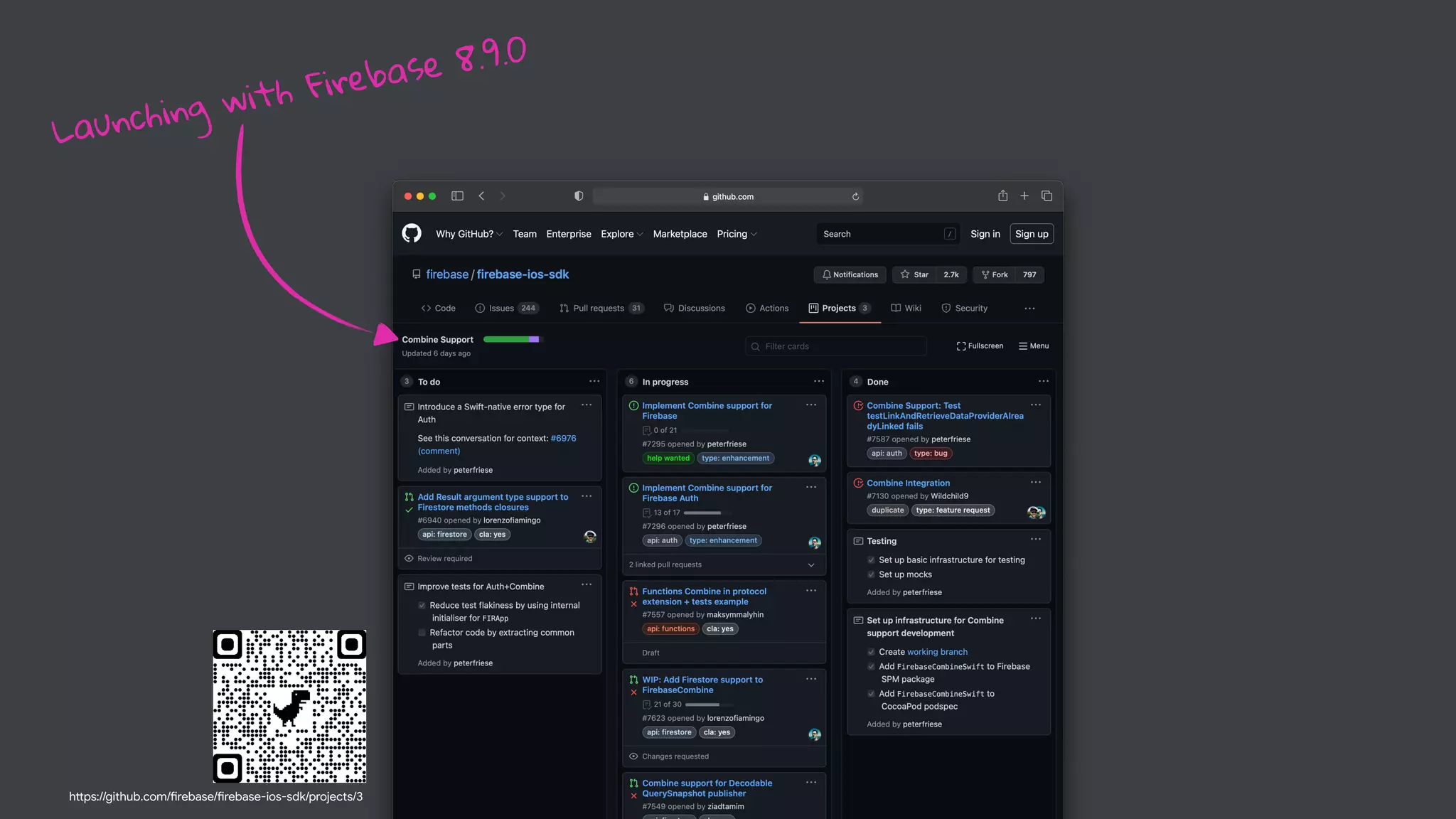 Launching with Firebase 8.9.0
h
tt
ps://github.com/
fi
rebase/
fi
rebase-ios-sdk/projects/3
 