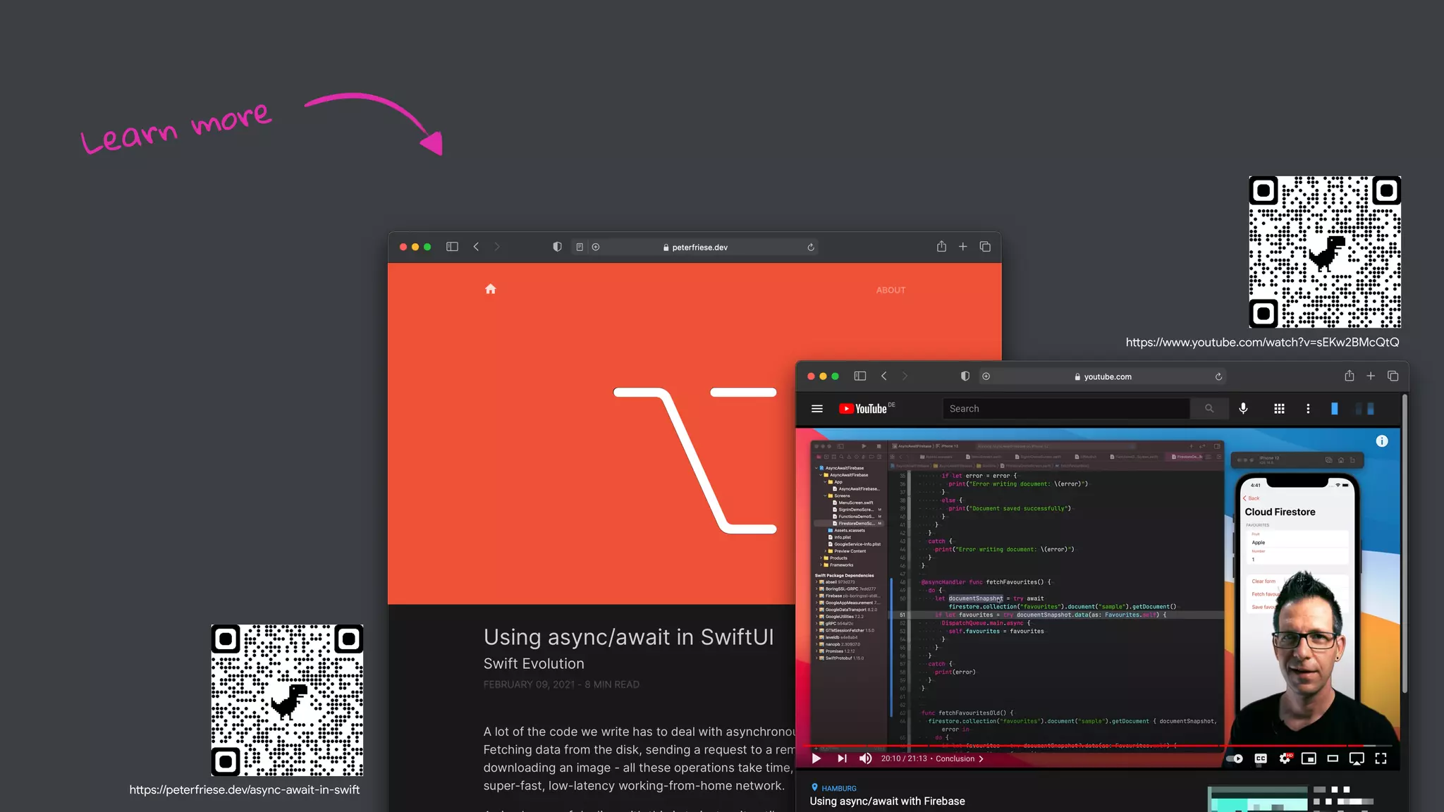 Learn more
h
tt
ps://pete
rf
riese.dev/async-await-in-swi
f
h
tt
ps://www.youtube.com/watch?v=sEKw2BMcQtQ
 