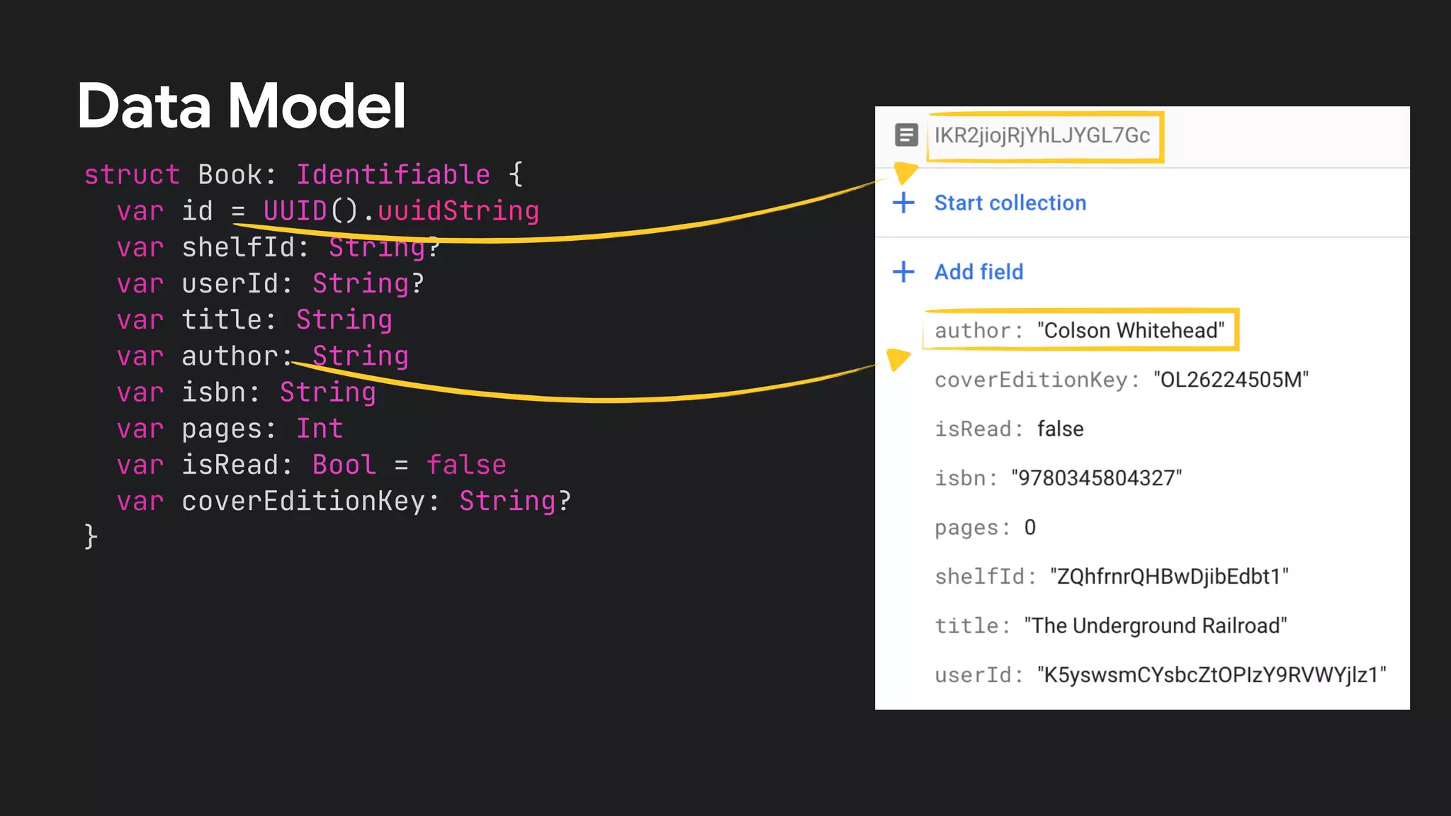 struct Book: Identifiable {


var id = UUID().uuidString


var shelfId: String?


var userId: String?


var title: String


var author: String


var isbn: String


var pages: Int


var isRead: Bool = false


var coverEditionKey: String?


}
Data Model
 