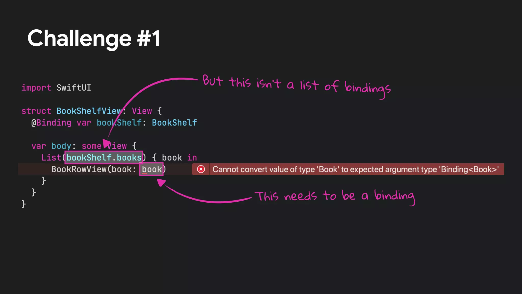 Challenge #1
This needs to be a binding
But this isn’t a list of bindings
 