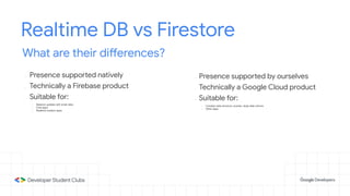 Realtime DB vs Firestore
What are their differences?
- Presence supported natively
- Technically a Firebase product
- Suitable for:
- Massive updates with small data.
- Chat apps
- Realtime location apps
- Presence supported by ourselves
- Technically a Google Cloud product
- Suitable for:
- Complex data structure, queries, large data volume
- Other apps
 