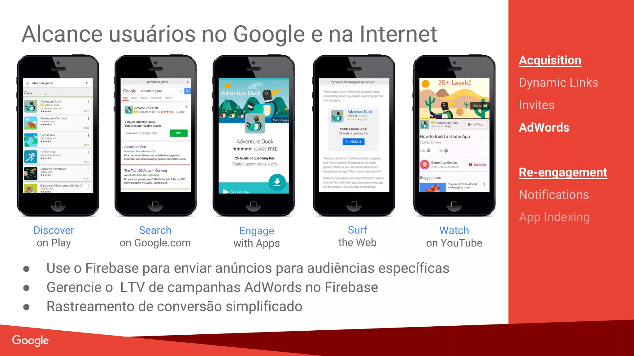 Links dinâmicos
Acquisition
Dynamic Links
Invites
AdWords
Re-engagement
Notifications
App Indexing
● Ofereça experiências mais refinadas de onboarding para novos
usuários.
● Aumentar retenção & engajamento
Post Social Pedido para
instalar o App
Instala e abre App
Sem Dynamic Links Com Dynamic Links
Landing Page genérica Conteúdo específico
 