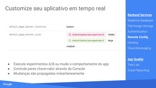 Source: Lorem ipsum dolor sit amet, consectetur adipiscing elit. Duis non erat sem
Armazene e distribua imagens e arquivos
● Uploads e downloads robustos via Google Cloud Storage
● Integração com serviço de Autenticação
Backend Services
Realtime Database
File/Image Storage
Authentication
Remote Config
Hosting
Cloud Messaging
App Quality
Test Lab
Crash Reporting
 