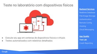 Source: Lorem ipsum dolor sit amet, consectetur adipiscing elit. Duis non erat sem
Entregue conteúdo web rapidamente
● Implante seu website estático em segundos
● Protegido com SSL por padrão
● Distribuído por uma CDN global
Backend Services
Realtime Database
File/Image Storage
Authentication
Remote Config
Hosting
Cloud Messaging
App Quality
Test Lab
Crash Reporting
 