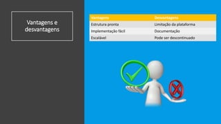 Vantagens e
desvantagens
Vantagens Desvantagens
Estrutura pronta Limitação da plataforma
Implementação fácil Documentação
Escalável Pode ser descontinuado
 